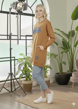 بلوزة قطن طويلة مريحة بطبعة عصرية 106 - عسلي