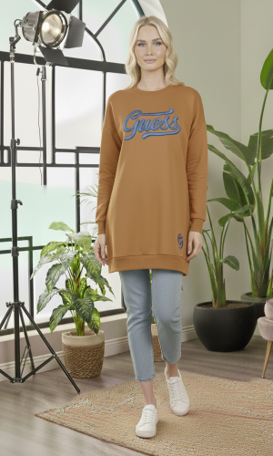 بلوزة قطن طويلة مريحة بطبعة عصرية 106 - عسلي