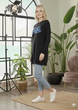 بلوزة قطن طويلة مريحة بطبعة عصرية 106 - اسود