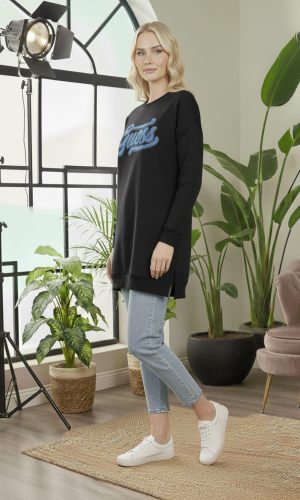 بلوزة قطن طويلة مريحة بطبعة عصرية 106 - اسود