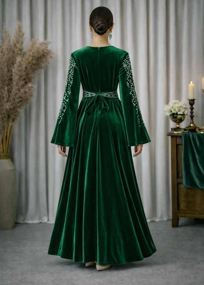 4125 قفطان مخمل كمر عريض - زيتي