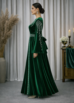 قفطان مخمل "دبلين" كلوش فاخر 4125 - زيتي