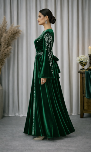 قفطان مخمل "دبلين" كلوش فاخر 4125 - زيتي