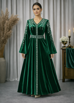 قفطان مخمل "دبلين" كلوش فاخر 4125 - زيتي