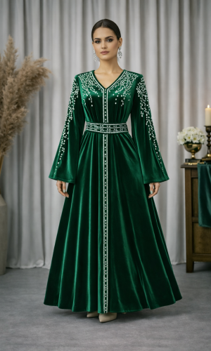 قفطان مخمل "دبلين" كلوش فاخر 4125 - زيتي