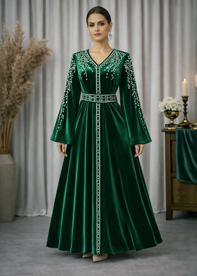 4125 قفطان مخمل كمر عريض - زيتي