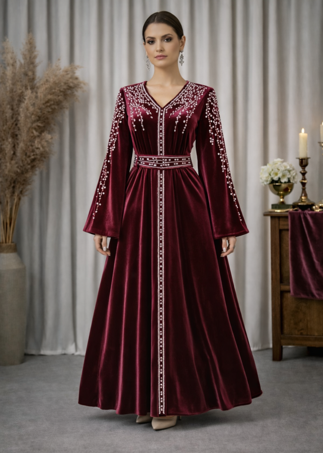 4125 قفطان مخمل كمر عريض - خمري