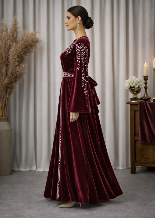 4125 قفطان مخمل كمر عريض - خمري