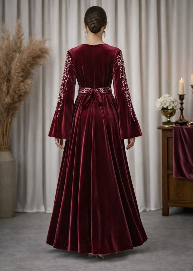 4125 قفطان مخمل كمر عريض - خمري