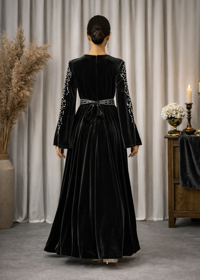 4125 قفطان مخمل كمر عريض - اسود