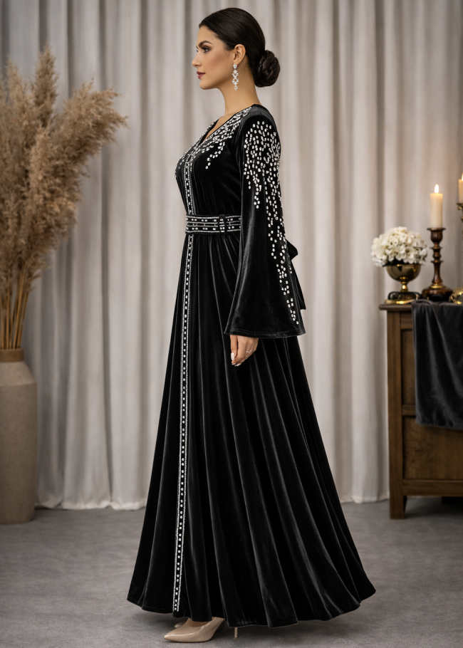 4125 قفطان مخمل كمر عريض - اسود