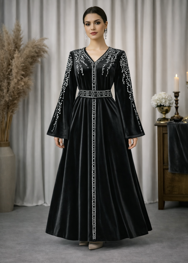 4125 قفطان مخمل كمر عريض - اسود