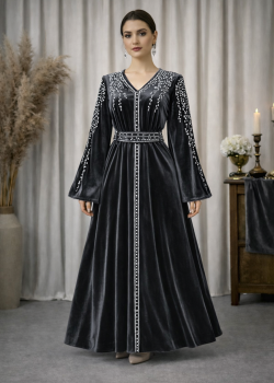 قفطان مخمل "دبلين" كلوش فاخر 4125 - رمادي