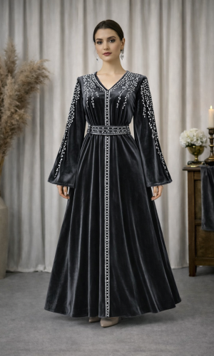 قفطان مخمل "دبلين" كلوش فاخر 4125 - رمادي