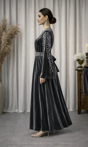 قفطان مخمل "دبلين" كلوش فاخر 4125 - رمادي