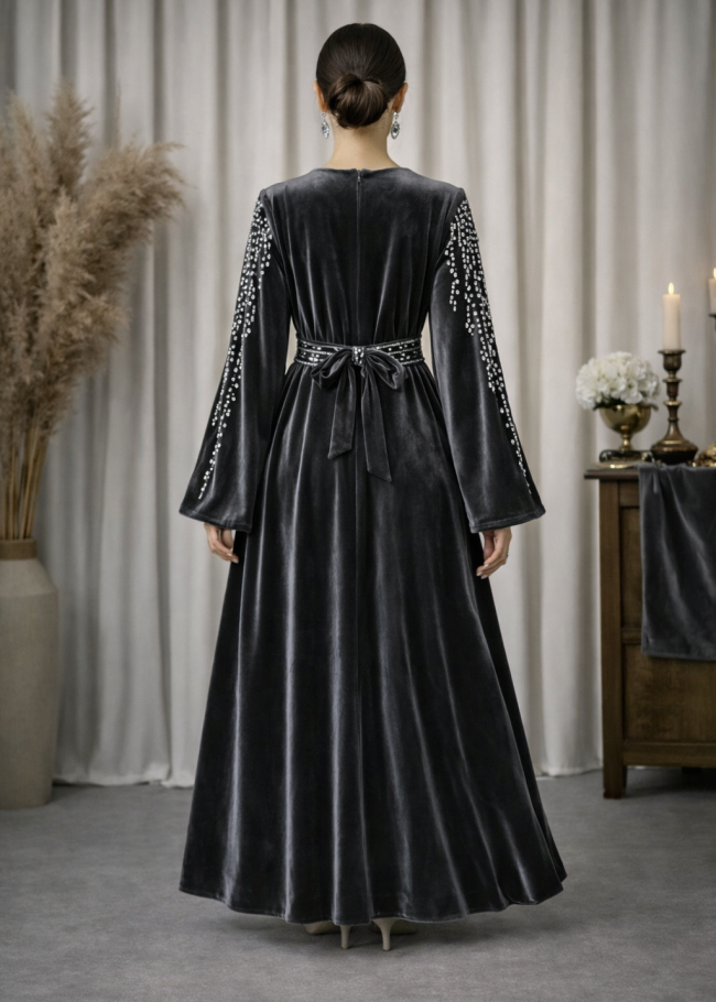 4125 قفطان مخمل كمر عريض - رمادي