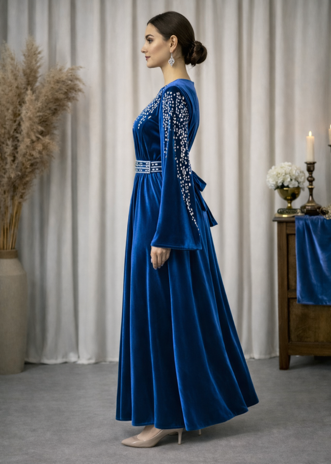 4125 قفطان مخمل كمر عريض - كحلي