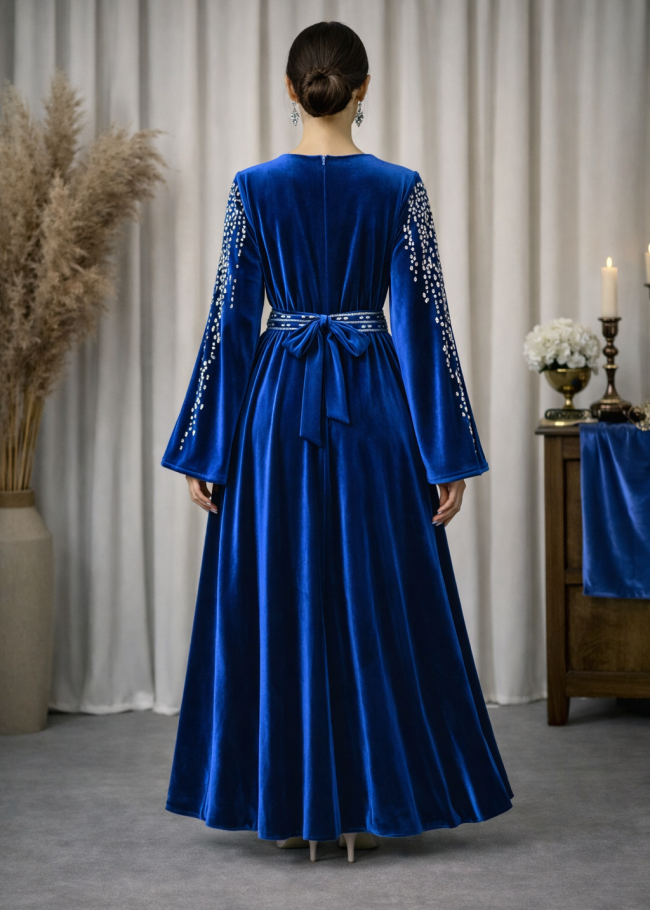 4125 قفطان مخمل كمر عريض - كحلي