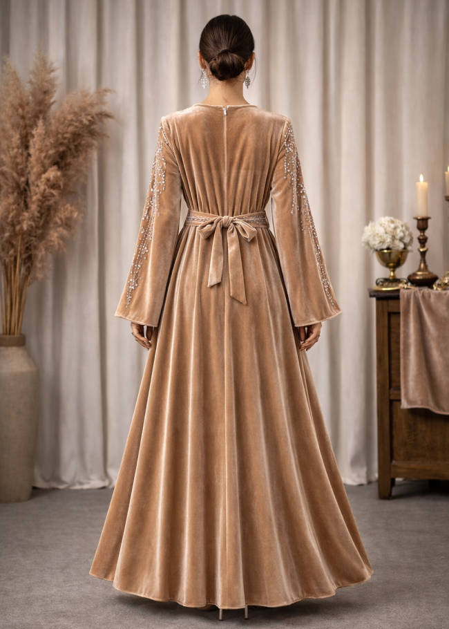 4125 قفطان مخمل كمر عريض - ذهبي