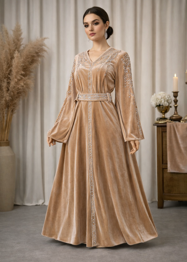 4125 قفطان مخمل كمر عريض - ذهبي