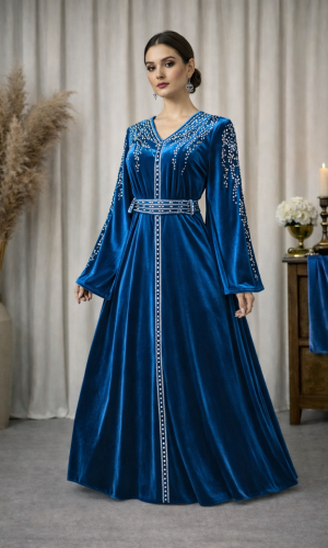 قفطان مخمل "دبلين" كلوش فاخر 4125 - تركواز