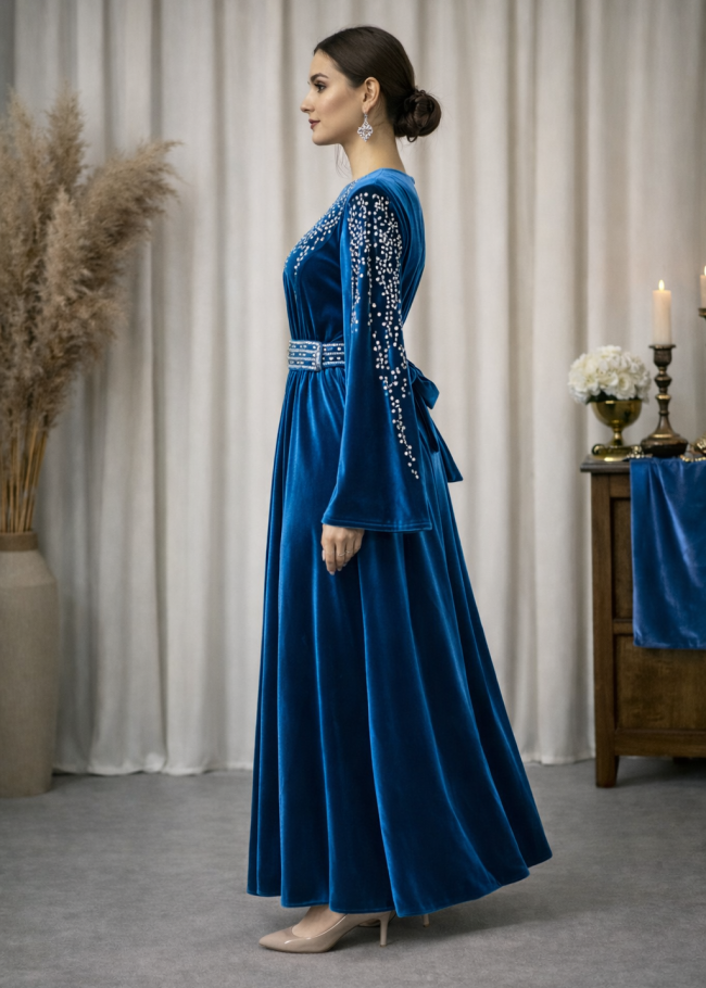 4125 قفطان مخمل كمر عريض - تركواز