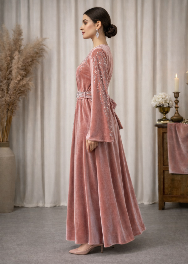 4125 قفطان مخمل كمر عريض - بودرة