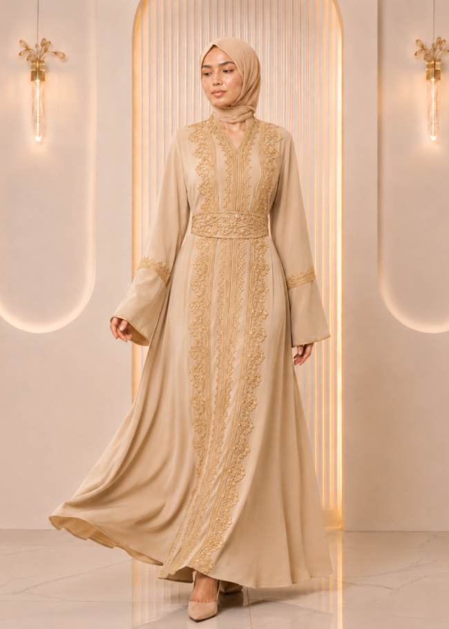 4131  قفطان قطعتين تاج - Beige