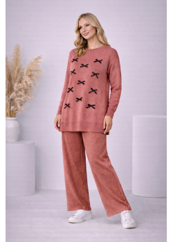 طقم تريكو نسائي أنيق مزين بفيونكات 4200 - زهر