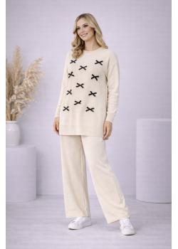 طقم تريكو نسائي أنيق مزين بفيونكات 4200 - سكري