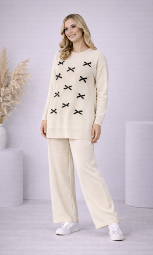 Damen Strick-Set mit Schleifen-Verzierung 4200 - Ecru
