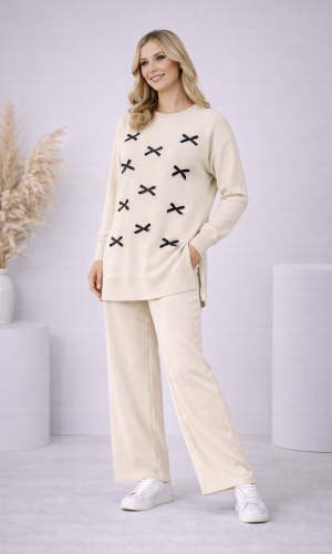 Damen Strick-Set mit Schleifen-Verzierung 4200 - Ecru