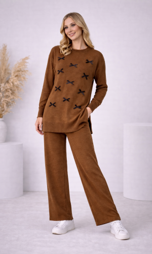 Damen Strick-Set mit Schleifen-Verzierung 4200 - Braun