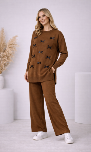 Damen Strick-Set mit Schleifen-Verzierung 4200 - Braun