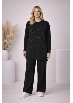 طقم تريكو نسائي أنيق مزين بفيونكات 4200 - اسود