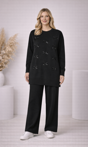 Damen Strick-Set mit Schleifen-Verzierung 4200 - Schwarz