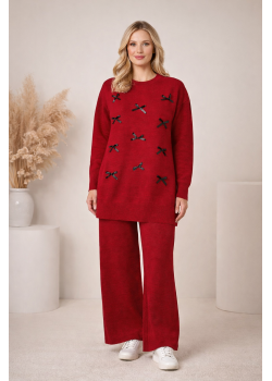 طقم تريكو نسائي أنيق مزين بفيونكات 4200 - خمري