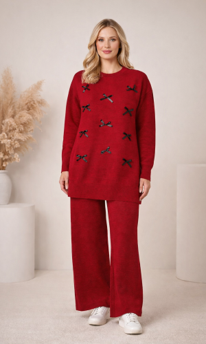 Damen Strick-Set mit Schleifen-Verzierung 4200 - Bordeaux