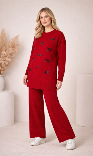 Damen Strick-Set mit Schleifen-Verzierung 4200 - Bordeaux