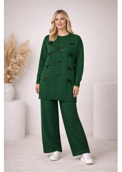 طقم تريكو نسائي أنيق مزين بفيونكات 4200 - زيتي