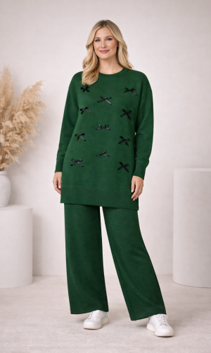 Damen Strick-Set mit Schleifen-Verzierung 4200 - Khaki