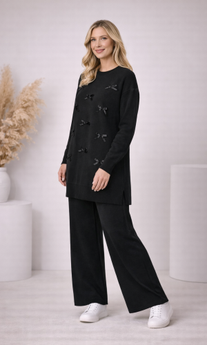 Damen Strick-Set mit Schleifen-Verzierung 4200 - Schwarz