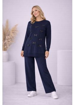 طقم تريكو نسائي أنيق مزين بفيونكات 4200 - كحلي