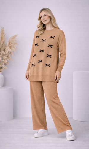 Damen Strick-Set mit Schleifen-Verzierung 4200 - Mausgrau