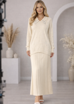 طقم تريكو نسائي راقٍ قطعتين 4201  - سكري