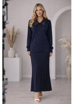 طقم تريكو نسائي راقٍ قطعتين 4201  - كحلي