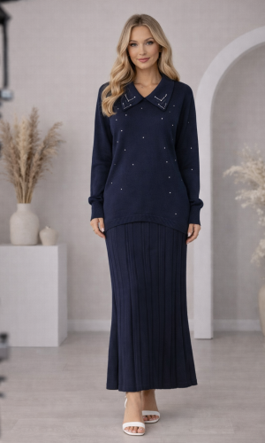 طقم تريكو نسائي راقٍ قطعتين 4201  - كحلي