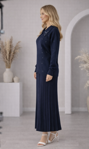 طقم تريكو نسائي راقٍ قطعتين 4201  - كحلي