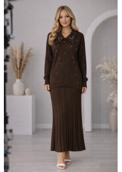 طقم تريكو نسائي راقٍ قطعتين 4201  - بني