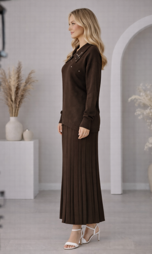 طقم تريكو نسائي راقٍ قطعتين 4201  - بني